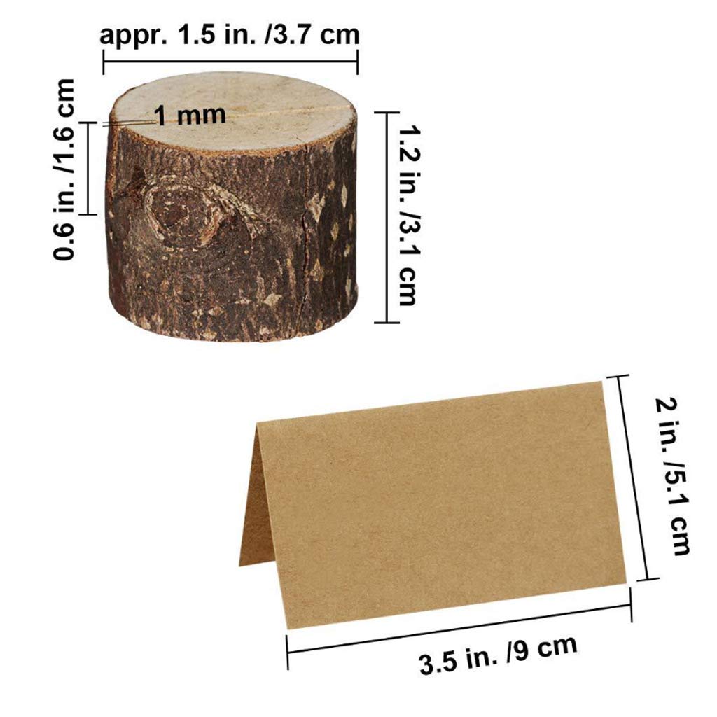 yuanxue Wood Place Card Holders Bulk Rustic Table Number Stands & Kraft Table Place Cards Wooden Bark Memo Holder Photo Clip Tree Stump Decor for Wedding Birthday Valentine's Party (30pcs Cards)