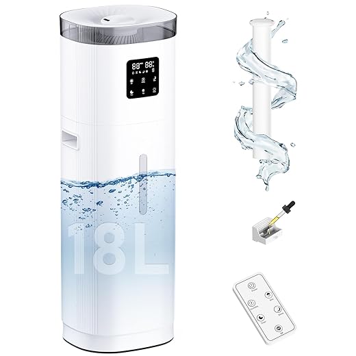 Humidifier Large Room, 2000 sq.ft Quiet Whole House Humidifier, 4.8Gal/18L Large Water Tank, 30%-95% Custom Humidity, Top Fill, 800ml/h Cool Mist, Extension Tube, Remote Control, Aroma Box