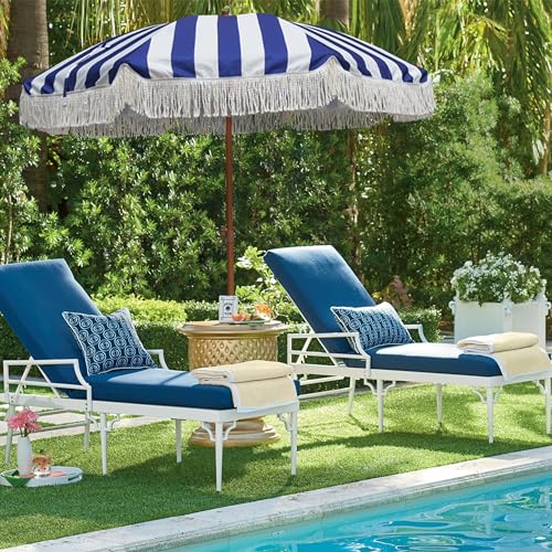 Image of AMMSUN 7ft Patio Umbrella with Fringe Outdoor Tassel Umbrella UPF50+ Wood Color Steel Pole and Steel Ribs Push Button Tilt, Navy Stripe