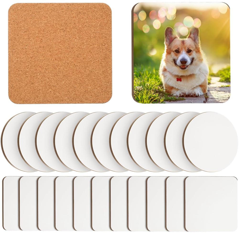 CTRLZS 24 Pcs Sublimation Coasters 4 X 4Inch Hardboard Coaster Cork and MDF Blank Sublimation Car Coasters (Round,Square) Easy to Use