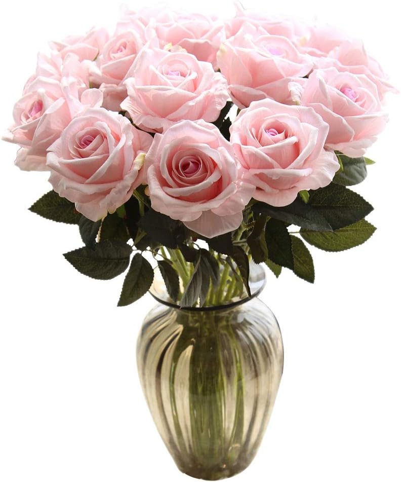 CQURE Artificial Flowers,Fake Flowers Bouquet Silk Roses Real Touch Bridal Wedding Bouquet for Home Garden Party Floral Decor 12Pcs(Pink)
