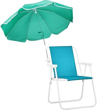 Folding Beach Chair with Umbrella, Lightweight High Back Camping Chair with Hard Armrest, Supports 265lbs for Beach Lawn Concert Mint Green