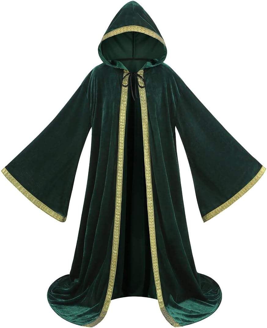 Wizard Robe Cloak with Hood Men Women, Renaissance Fair Costume Medieval Velvet Cape Long Sleeve Halloween LARP