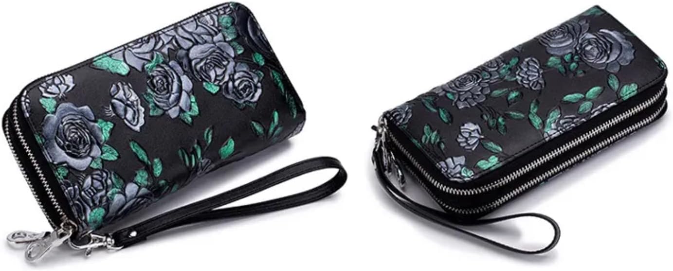 Genuine Leather Double Zipped Wallet Wristlet for Women, RFID Blocking Double Zipped Floral Hand Painted Embossed Large Capacity Clutch Purse (Double Zipped - Silver Rose) - Image 2