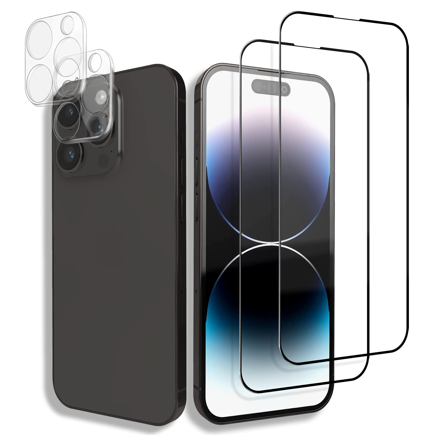 Three-Tree [Pack of 2 + 2 protective films, tempered glass protection for iPhone 14 Pro + 14 Pro camera protection, 3D full coverage, 9H hardness screen protector, wear-resistant, HD clear