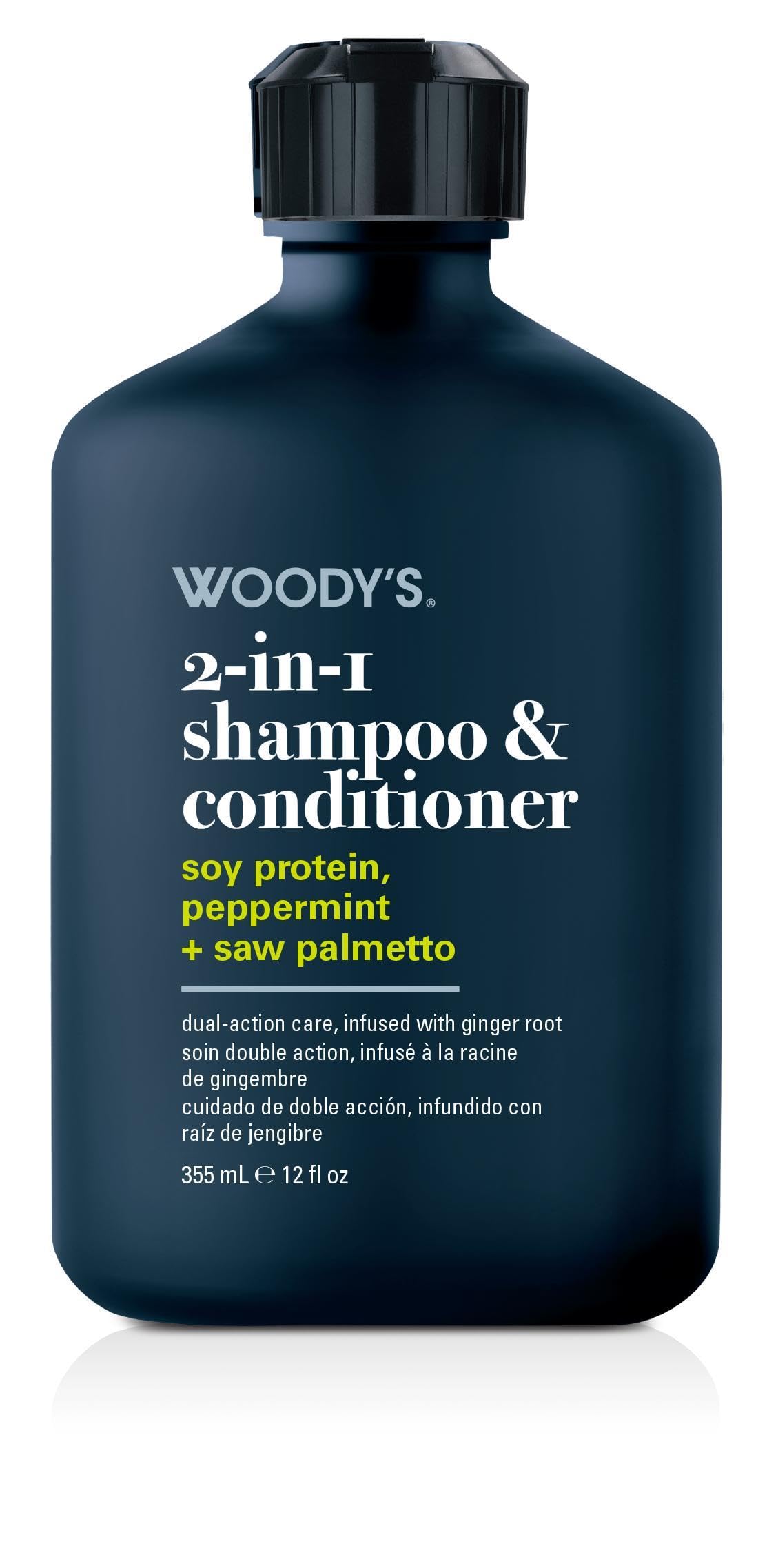 Woody’s 2-in-1 Shampoo & Conditioner – Men’s Hair Cleanser with Saw Palmetto, Soy Protein, Peppermint & Menthol Scalp Care, Paraben & Sulfate-Free, 12 oz