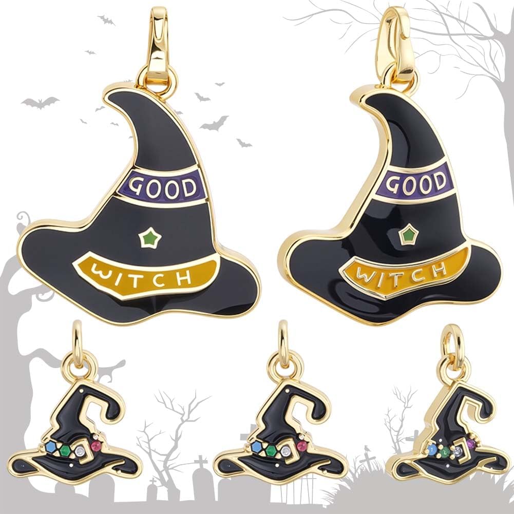Beebeecraft 7Pcs 2 Styles Wizard Hat Charms 18K Gold Plated Black Witch Hat Halloween Charm with Cubic Zirconia Storage Box for Jewelry Making DIY Earrings Bracelets Necklace Crafts