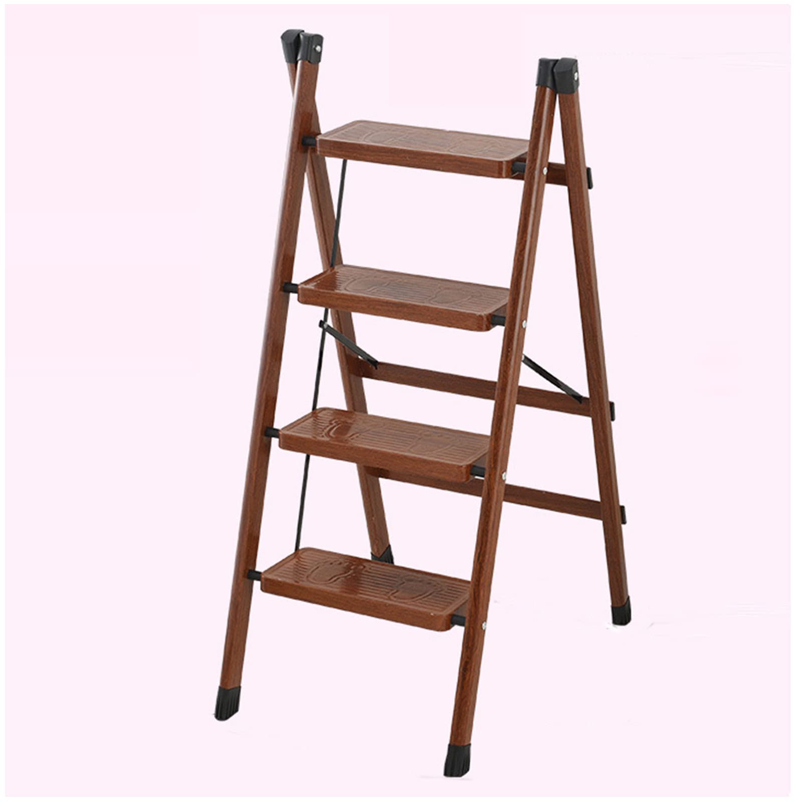 Wood Grain Color Folding Step Ladder Craft Lacquer Wide Bandwidth Non-Slip Tread Good Hardware Step Stool Horseshoe-Shaped Non-Slip Ladder Feet Portable Step Stool Shelf