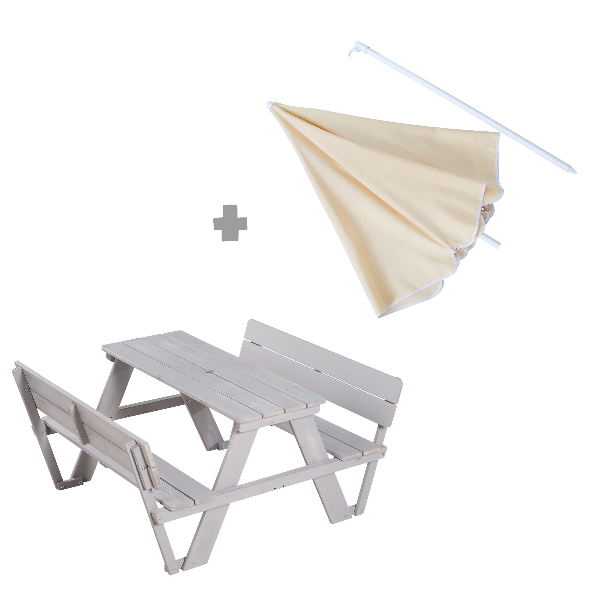 roba Table Pique-nique Enfants Outdoor + avec Dossier - Bois Massif + Coussins - Table d'Extérieur 4 places - Gris
