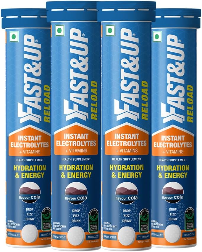 Fast&Up Reload (20 Litres) Low Sugar energy drink for Instant Hydration - 80 Effervescent Tablets with all 5 Essential Electrolytes + Added Vitamins - Certified Electrolytes Drink - Cola flavour