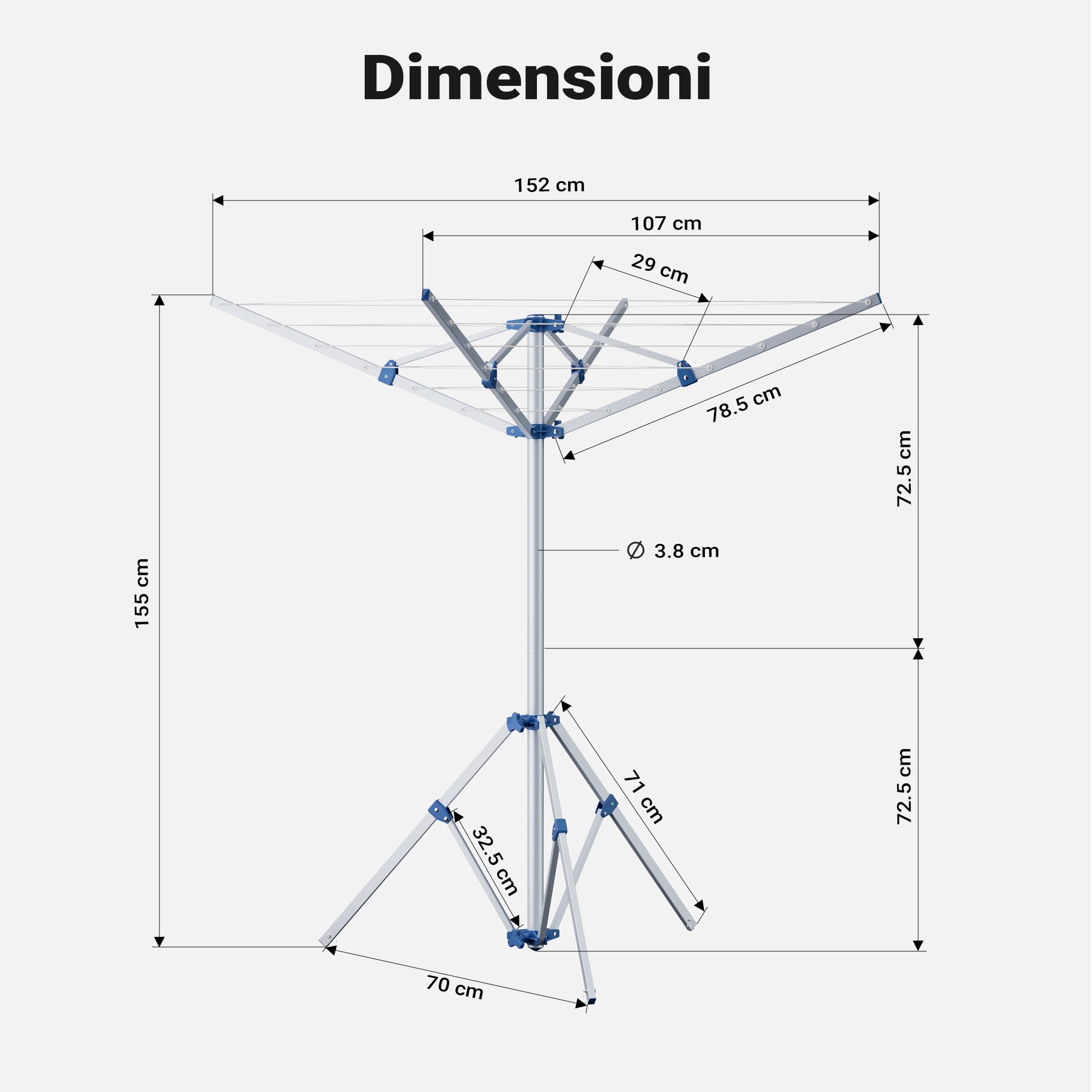 Wiltec Stendibiancheria a ombrello mobile 16 m di fili 4 Bracci Stendino in alluminio alto 155 cm