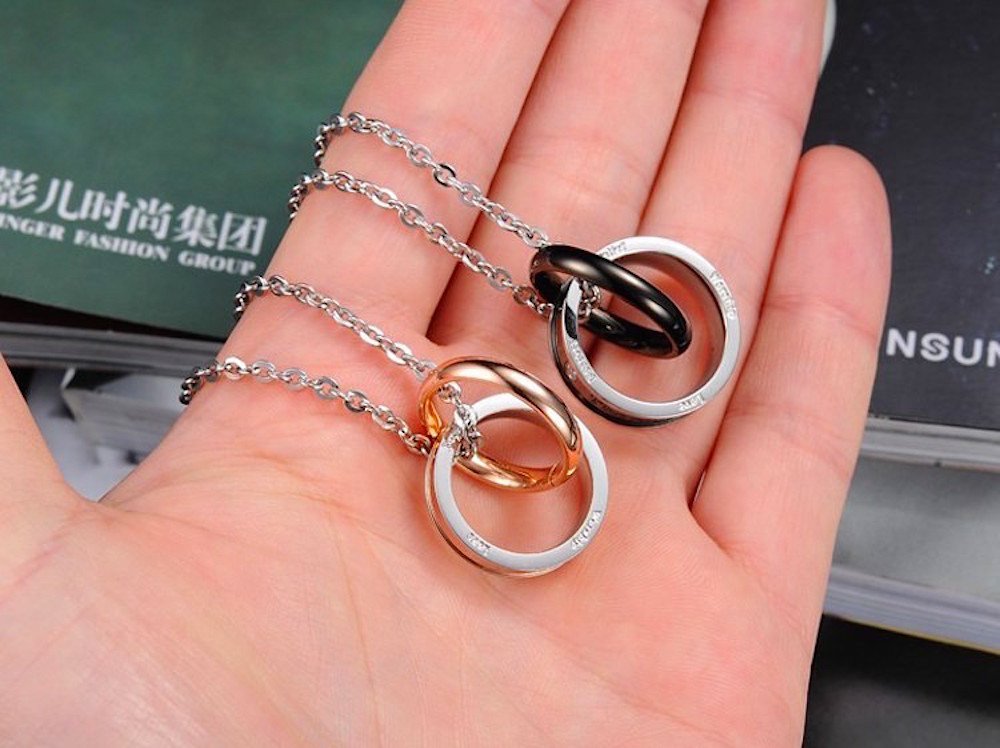 Kim Johanson Edelstahl Pärchen Schmuckset Armbänder & Ketten "Joy" für verliebte Roségold & Schwarz mit Cubic Zirkonia inkl. Schmuckbeutel