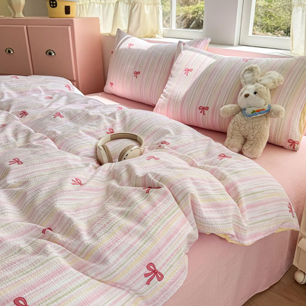 Nyescasa Pink Bow Duvet Cover Sets Single Pink Yellow Striped Bows Cute Reversible Washed Microfiber Bedding Set Aesthetic Girls Quilt Cover 135x200 with Zipper Closure and 1 Pillowcase 50x75 cm โ image 1