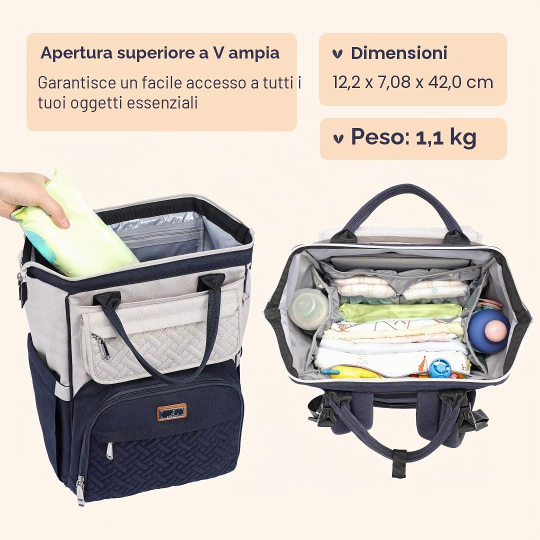 BabbleRoo Zaino-Borsa Fasciatoio, Grande Borsa Fasciatoio Da Viaggio Per Mamma E Papà, Zaino Per Pannolini Con Fasciatoio, Borsa Cambio Con Cinghie Per Passeggino E Porta Ciuccio,
