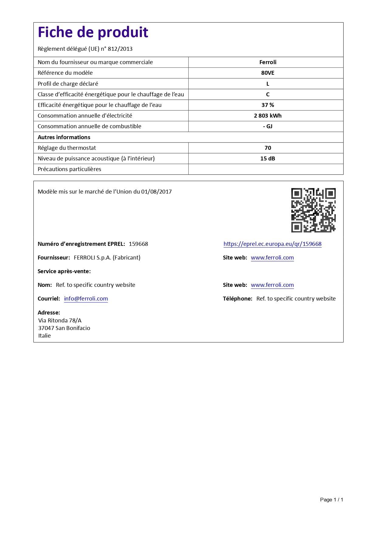 Ferroli Scaldacqua Elettrico Calypso 80VE 80 Litri Verticale, Boiler A Accumulo Con Serbatoio Smaltato, Anodo Di Magnesio E Isolamento In Poliuretano