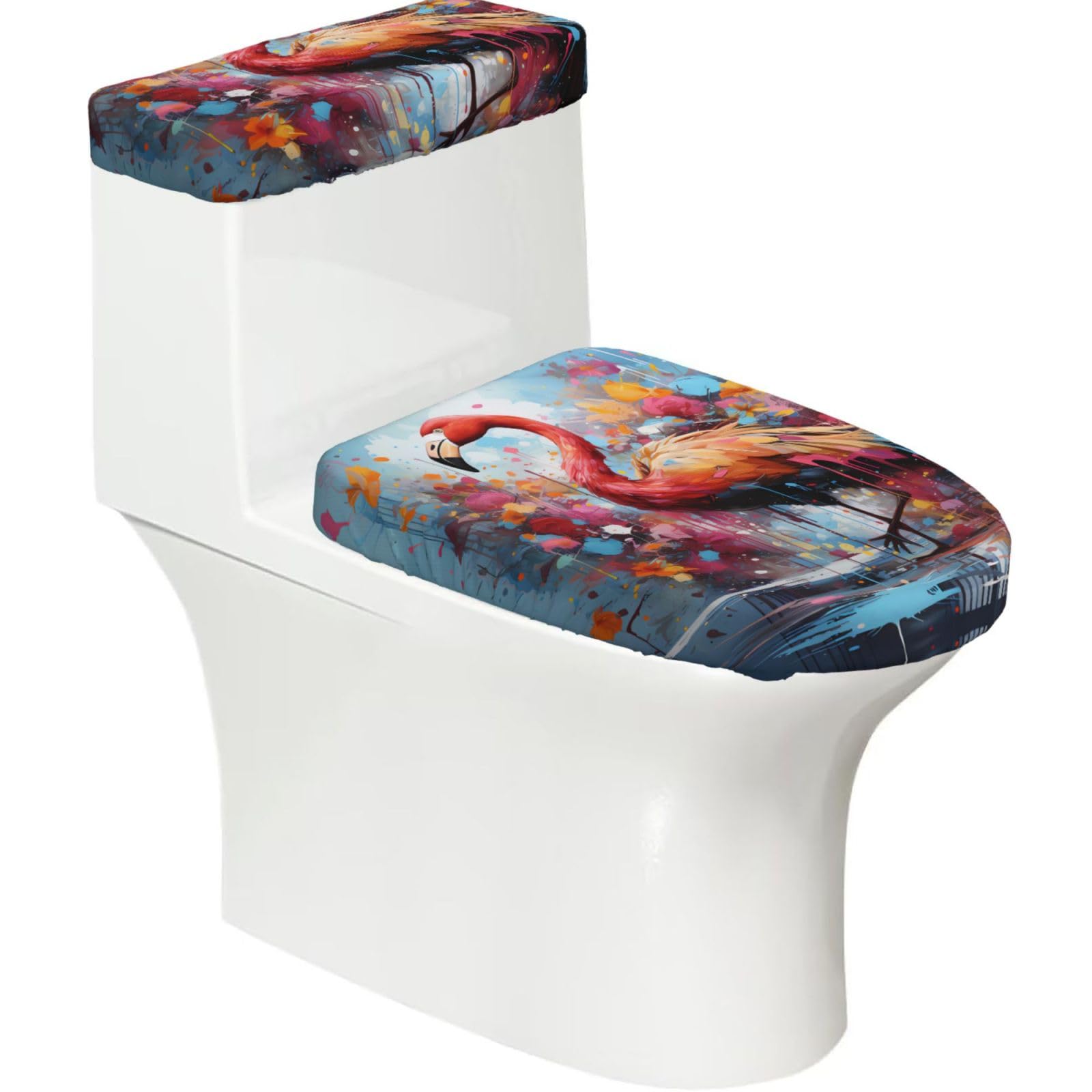 Colorful Flamingos 2-Piece Toilet Seat Cover Set with Tank Lid - Elastic for U-Shape & Elongated - Bathroom Decor