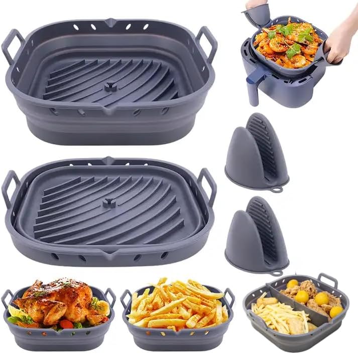 8.5Inch Silicone Air Fryer Liner, Divider & Heat Resistant Mitts | Collapsible, Foldable, Easy Clean, Non-Stick, Reusable Large Square Fryer Basket (Dark Grey)