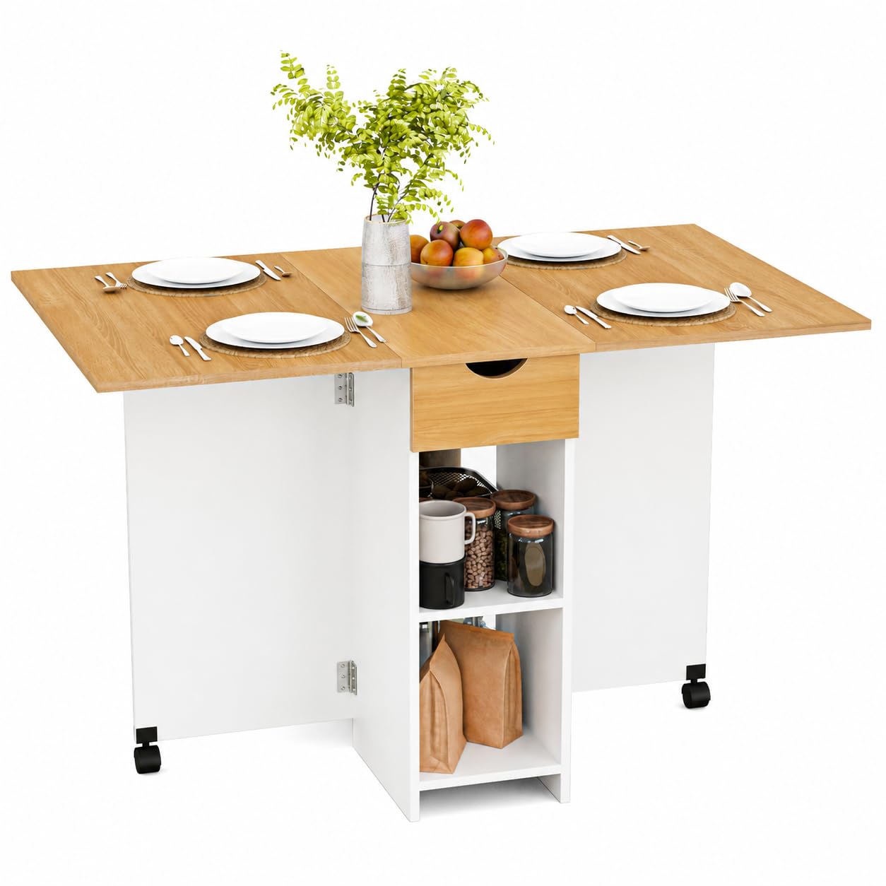 Mondeer Tavolo da pranzo, tavolo da cucina pieghevole per 4-6 persone, tavolo pieghevole con cassetto e 2 ripiani aperti per piccoli spazi, sala da pranzo, cucina, 120 x 72 x 75 cm, bianco+rovere