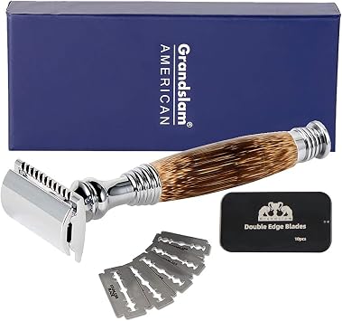 Grandslam Double Edge Safety Razor + 10 Blades Safety Razor, Handmade Long Natural Bamboo Handle Eco-Friendly Safety Razor, Razor for Women/Men and Women