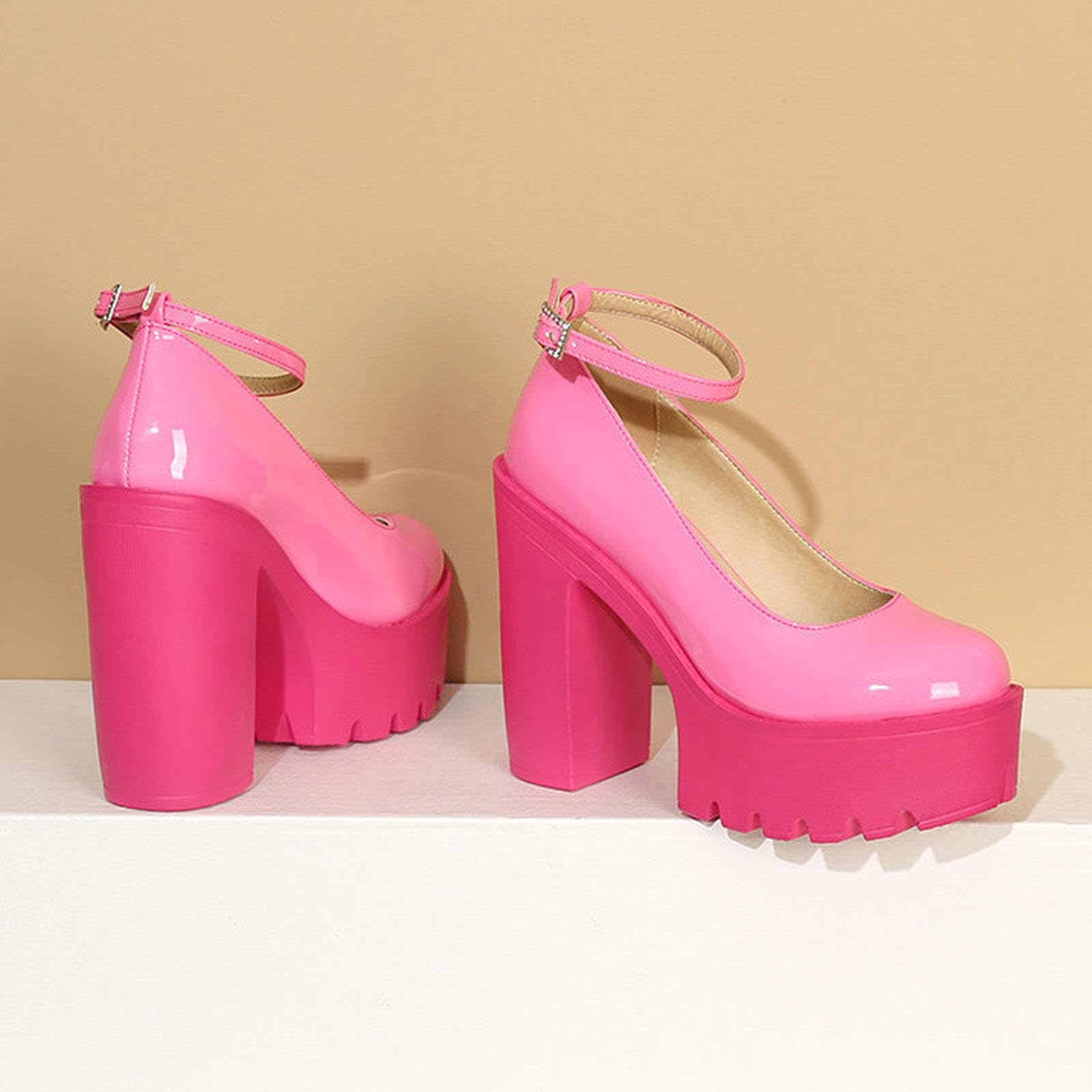Tacco Alto Décolleté Plateau Tacco Blocco Donna Punta Rotonda Chiusa Cinturino alla Caviglia Scarpe Eleganti Festa 13cm