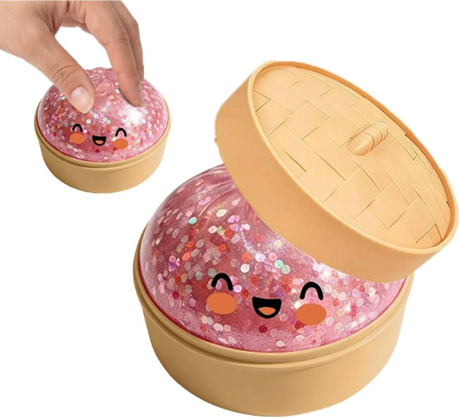 Realistic Dumpling Squishiy Stress Ball with Steamer, Glitter Squeezze Sensory to-y for Anxiety Relief, Soft Dough Bun Fidget, Unique Wooden Spoon, Christmas Holiday Prank Gag Gift (Color B)