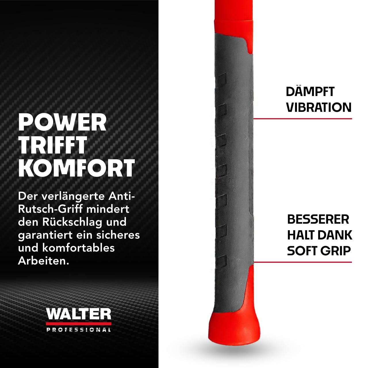 WALTER PROFESSIONAL Vorschlaghammer 4,5 kg 90 cm, Abbruchhammer, Sledge Hammer, vibrationsdämpfender Fiberglas-Griff für bequeme Handhabung und präzise Steuerung, robust und langlebig