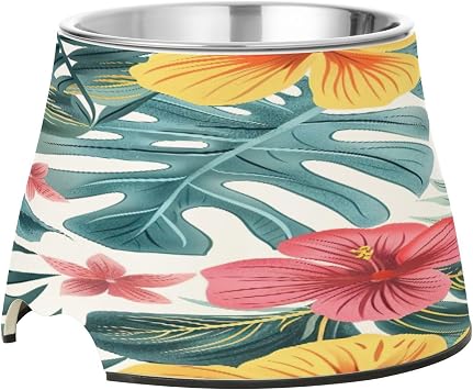 YETTASBIN Palm Flower Elevated Dog Bowls, Prevention of Vertebrae Disease Raised Dog & Cat Bowl Stand with Removable Stainless Steel Bowls, Non-Slip Spill-Proof Pet Food & Water Bowl Dish