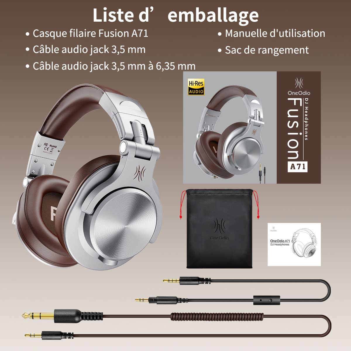 OneOdio Fusion A71 Cuffie Audio Studio e DJ - Cablate, Monitoraggio Compatibile con Smartphone, PC, Sintetizzatore, Chitarra, Pianoforte, Tablet (Argento)