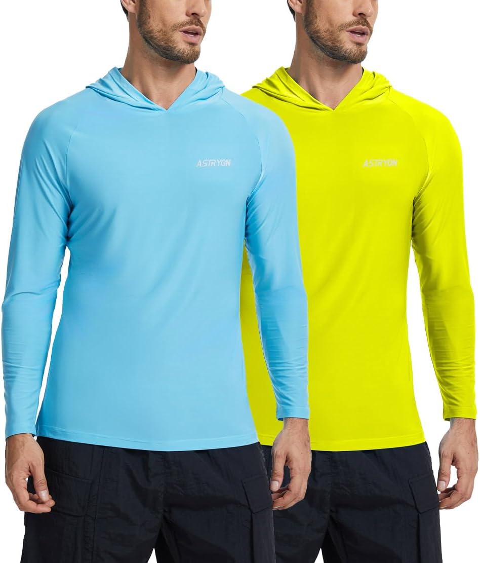 2 Pack Men’s UPF 50+ Fishing Shirts Long Sleeve UV Sun Hoodie Quick-Dry Swim Rash Guard Lightweight Shirt for Outdoor