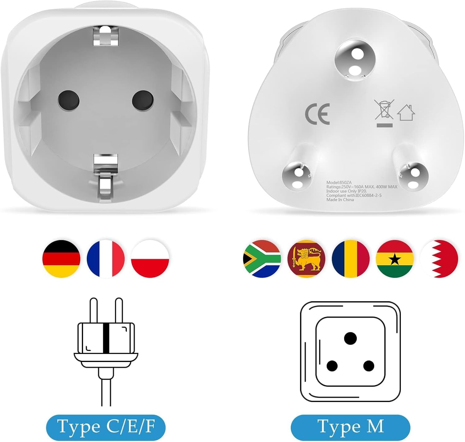 Adapter podróżny Republika Południowej Afryki, 2 sztuki, wtyczka UE do gniazda podróżnego, adapter gniazda wtykowego typu M do Republiki Południowej Afryki, Sri Lanki, Lesotho, Czadu, Ghany
