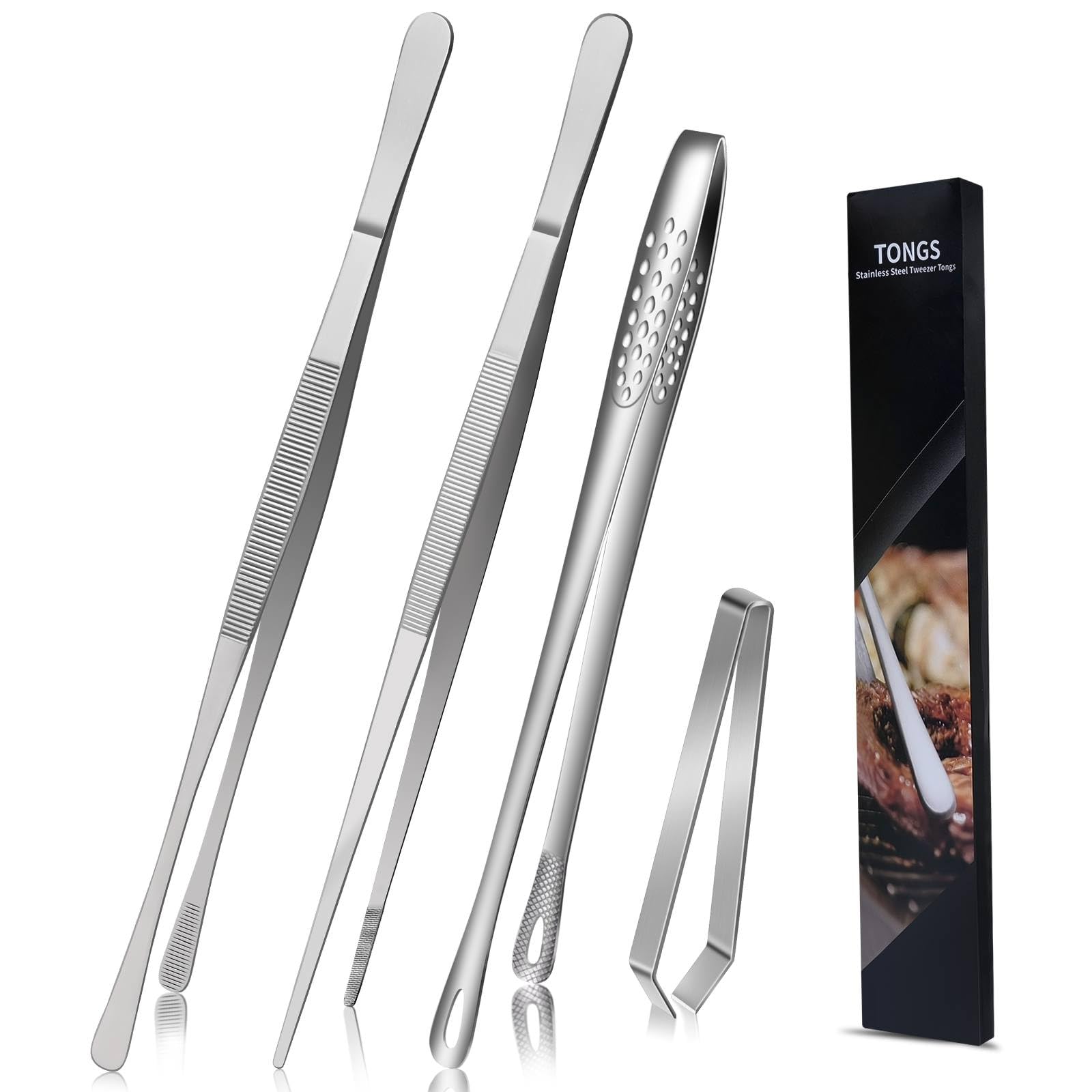 4 Piezas Pinzas Cocina, Pinzas Chef de Acero Inoxidable 30 cm y 20 cm y 10cm, para Barbacoas, Emplatado, Ensaladas, Postres, Hornear y Espaguetis
