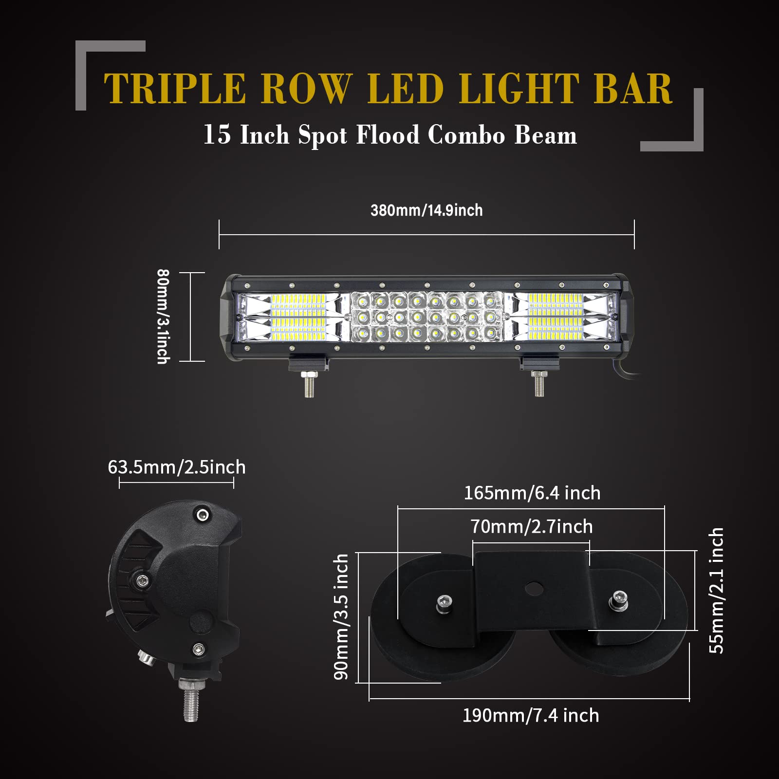 SKYWORLD 15 Zoll 38 cm 216W Led Arbeitsscheinwerfer Bar, Led lichtleiste kfz Mit 12V Kabelbaum, Starke Magnet halterungen für SUV Offroad ATV UTE Traktor LKW PKW 4x4 Auto Fahrzeuge, 6000K Weiß
