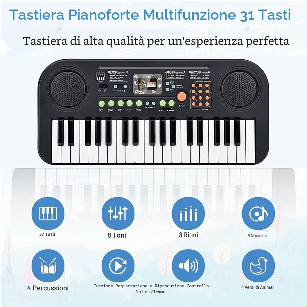 Pianola Per Scuola Media,Tastiera 37 Tasti Scuola Media,Pianola 37 Tasti,Con Microfono,Portatile Multifunzionale,Formazione Musicale Introduttiva,Per i Bambini Di 3 4 5 6 Anni e Oltre, Principianti