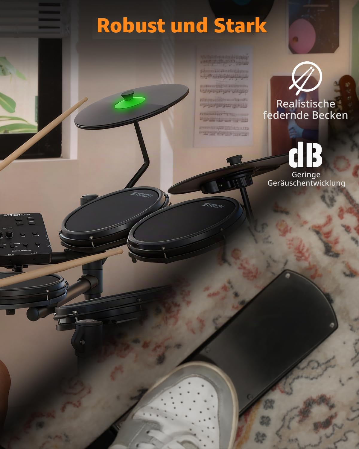 STRICH Elektronisches Schlagzeug E-Drum Set mit Mesh Heads, LED Drum Pads, USB MIDI, faltbares Electronic Drum Kit mit Drumhocker, Kopfhörer und Drum Matte für Anfänger & Home Practice, SED-T03