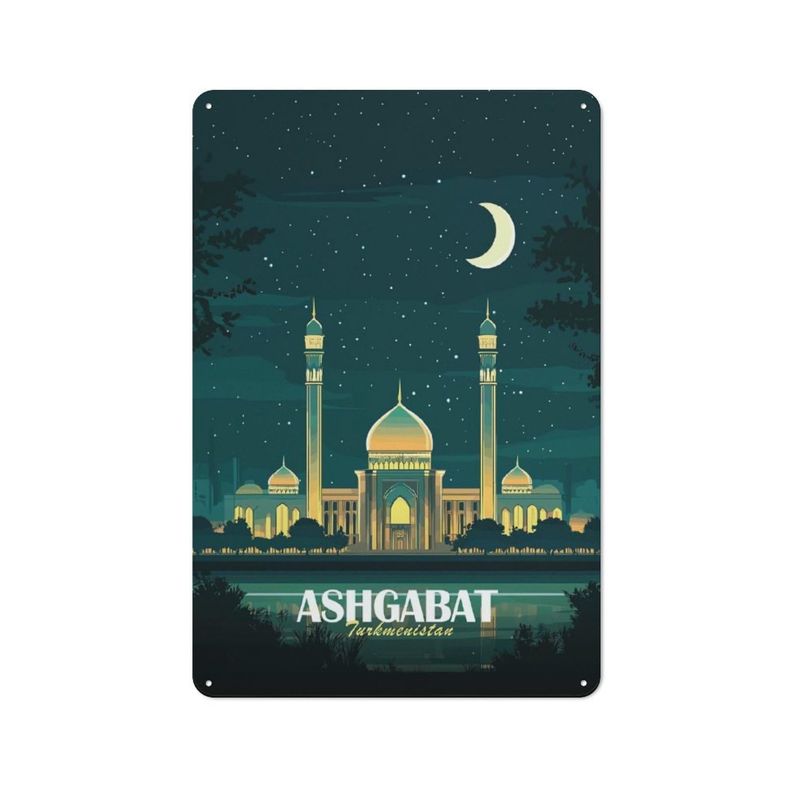 Old Style Ashgabat, Turkmenistan Nightscape Illustration Decorative Tin Plaque 30x20cm, Bar Wall Plaque for Bar, Kitchen, Garage Or Games Room