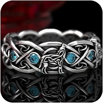 HUUGVBCO Fashion Jewelry Vintage Silver Cats Eye Stone Wolf Totem Guard Ring Cross Line Crystal Wolf Ring for Street Jewelry Women Men Size 6-1310