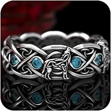 HUUGVBCO Fashion Jewelry Vintage Silver Cats Eye Stone Wolf Totem Guard Ring Cross Line Crystal Wolf Ring for Street Jewelry Women Men Size 6-136