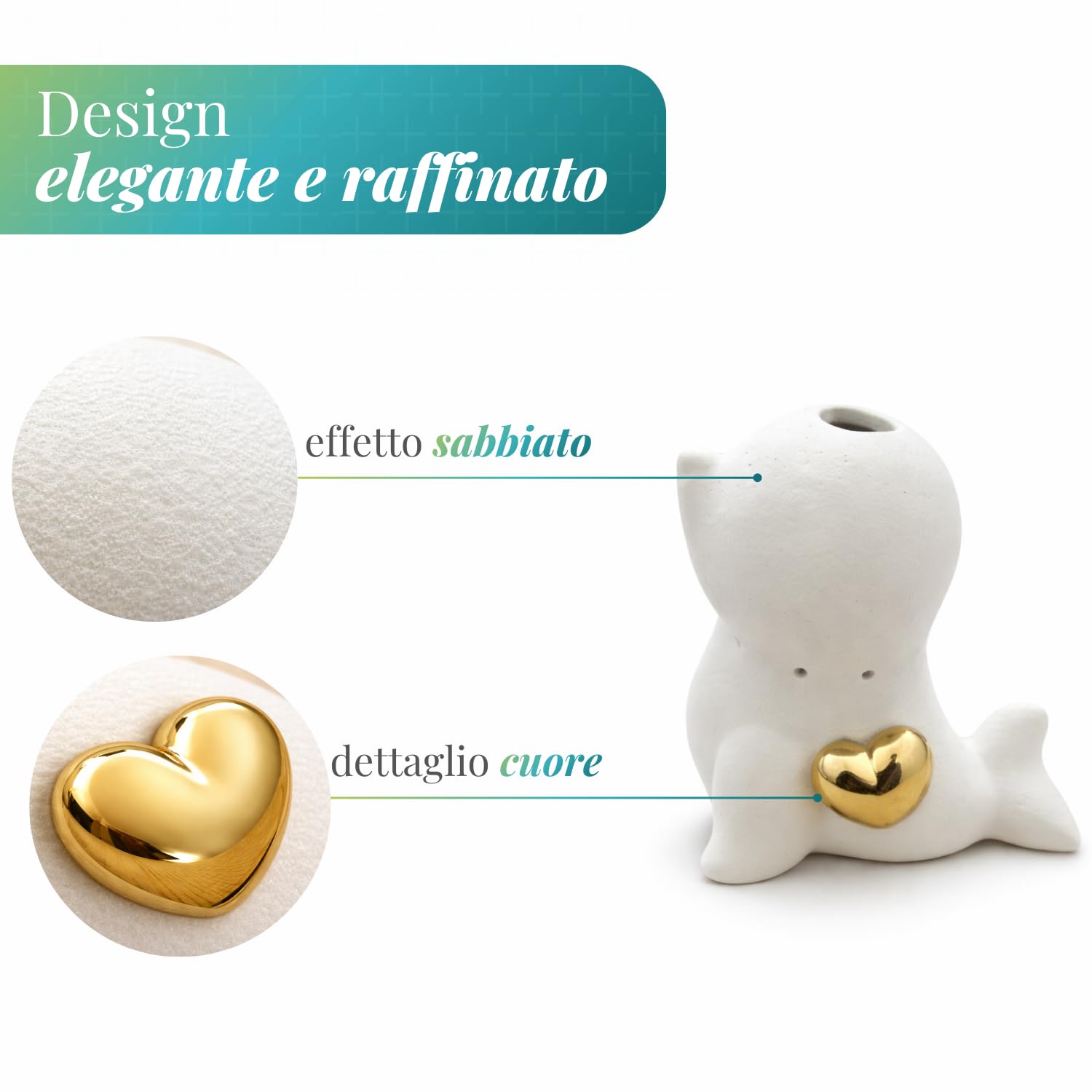PALUPLUS 10 Bomboniere in Ceramica a Forma di Foca con Profumatore, Misura 9x8x10 cm, Cuore Oro, Bastoncini e Luce a LED, Regalo per Battesimo, Comunione, Feste, Matrimonio -9573M -2,6