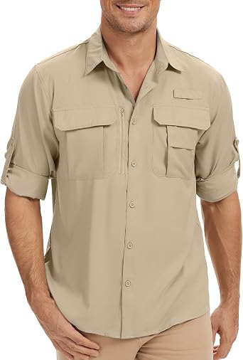 Mens Safari Shirt Long Sleeve Fishing UPF 50 Sun Protection Quick Dry Breathable Shirts for Travel Hiking Camping Work