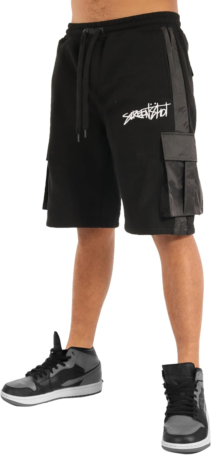 SCREENSHOT Mens Urban NYC Hip Hop Utility Fit Premium Fleece Shorts - Varsity Street Fashion SweatShorts Ribbed Wasteband - Image 2