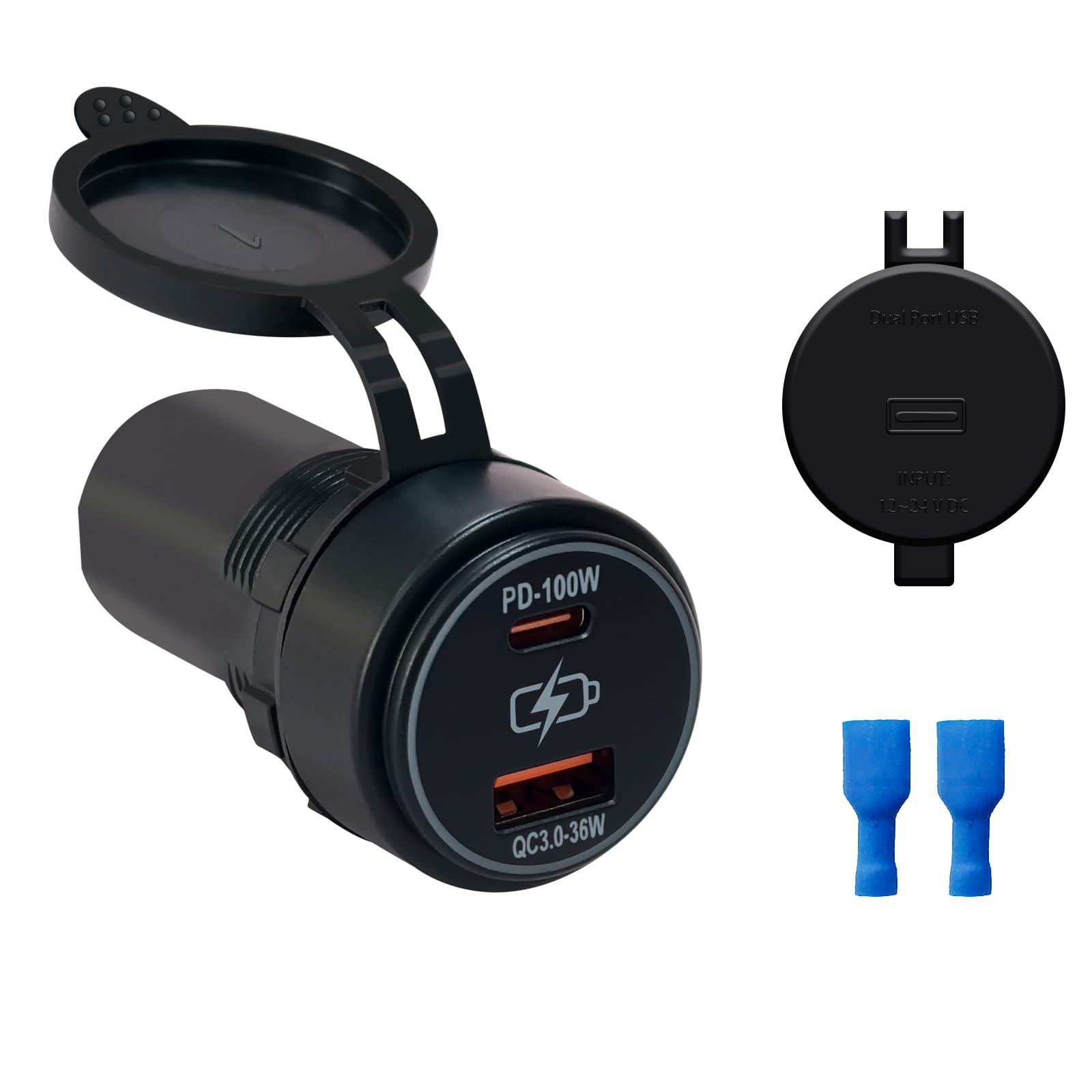 Cargador de coche USB dual de 100 W, carga rápida PD y QC3.0 tipo C y puertos USB A de 12 V/24 V para coche, camión, RV, barco, marino
