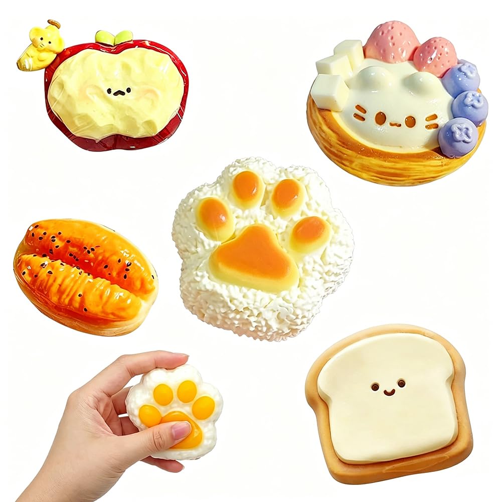 HATFRYF 5PCS Mini Mochi Squishy Toys, Slow Rebound Squishy Toys, Bread Croissant Cat Paw Toast Apple Shaped Stress Relief Fidget Toy, Cute Squeeze Toy, Funny Birthday Party Gift for Kids Adults — image 1