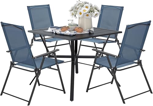 VICLLAX Juego de comedor de patio de 5 piezas, 1 mesa de comedor cuadrada con agujero para paraguas y 4 sillas plegables para patio al aire libre