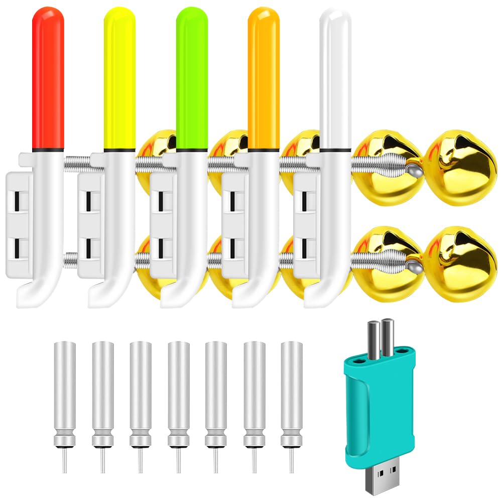 5 Pièces Detecteur de Touche Peche Carpe avec Lampe à LED Deux Cloches, Detecteur Carpe avec Chargeur et Batterie, Bipeur Peche Carpe, Détecteur de Touche Carpe pour La Pêche de Nuit