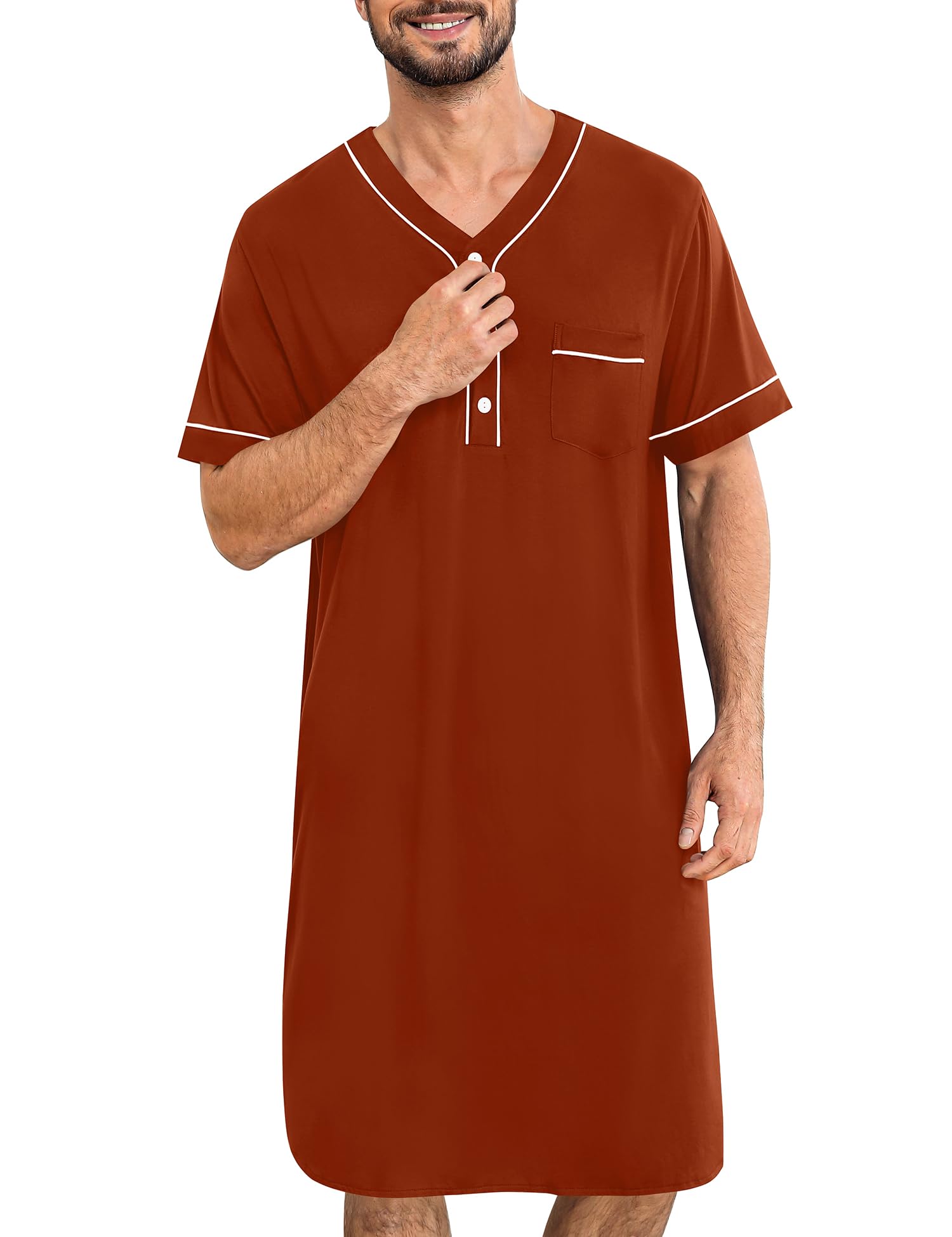 SWOMOG Mens Nightgown Short Sleeve Lounge, Sleep Henley Shirt Pajama Big &amp; Tall Nightshirt Comfy Nightwear M-3XL