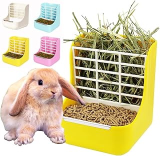 MINGZE Alimentador de heno para Conejo, para Chinchillas, Grandes, cobayas, contenedores de Alimentos 2 en 1,Contenedor de Recipiente de Comida Fija (Amarillo)
