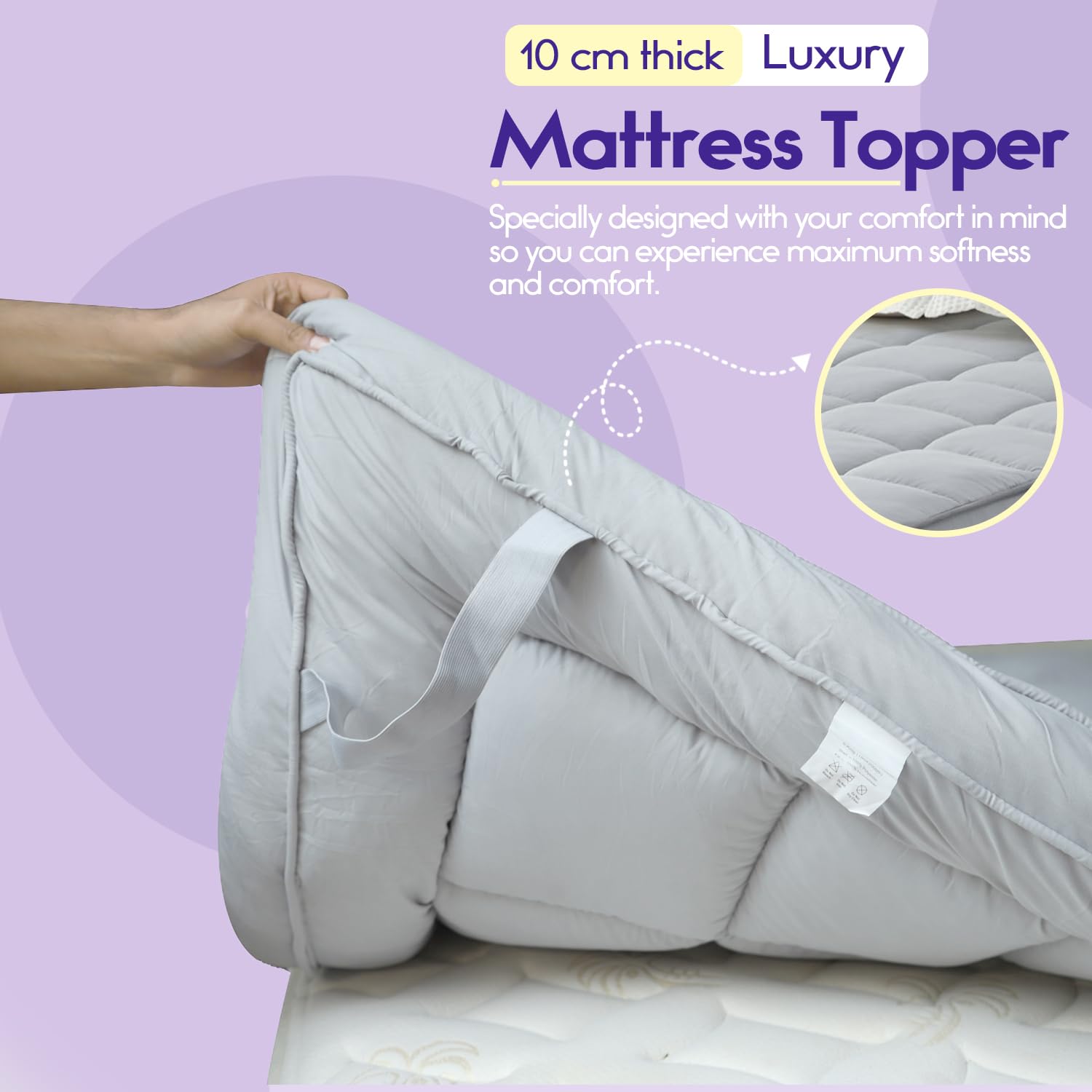 Linens World Mattress Topper Double Bed 10cm Thick, Quilted Super Soft Microfiber Topper, 1200GSM Anti-Allergy Fiber Fill, Washable with Strong Elastic Straps for Extra Comfort (137×190cm) — view 24