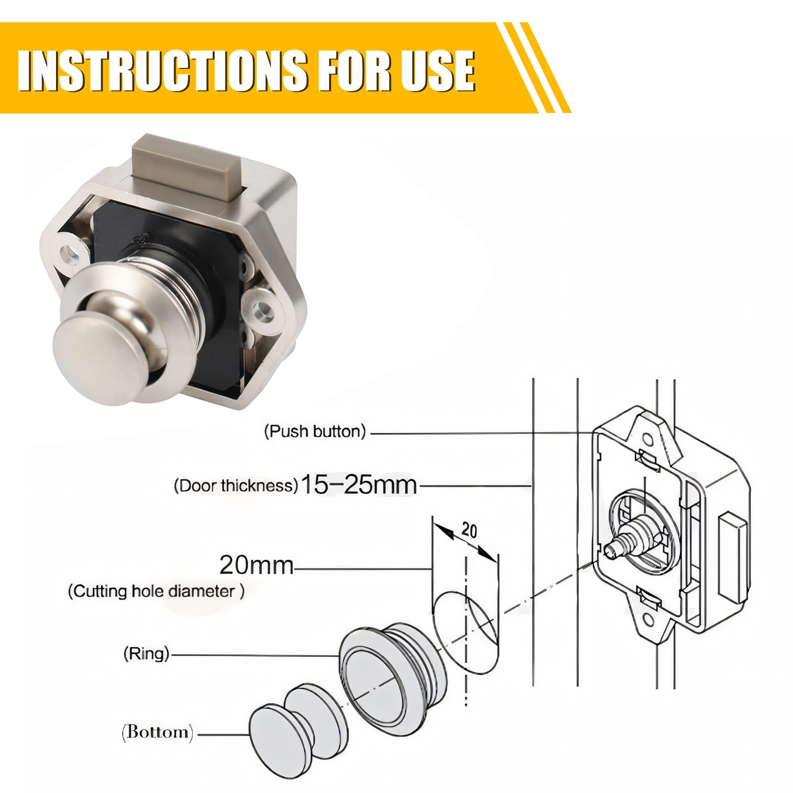 Opaltool Push Button Latch Lock, 15-20mm Keyless Door Lock with Screw - Image 3