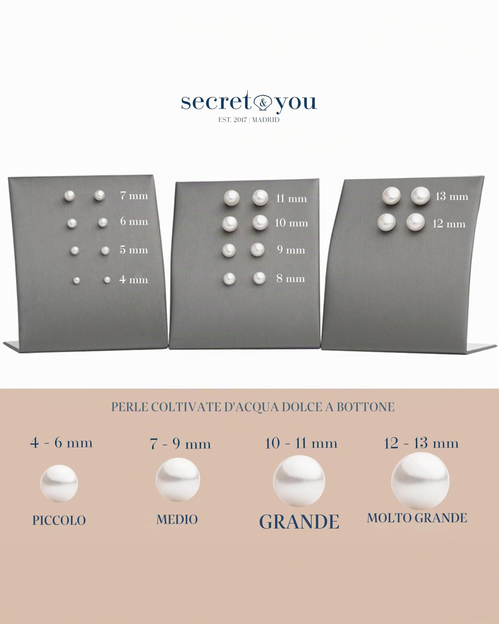 Secret & You - Orecchini a bottone con perle per donna e bambina, forma a bottone con perle coltivate d'acqua dolce Argento sterling 925 - Disponibile in 10 taglie da 4 mm a 13 mm
