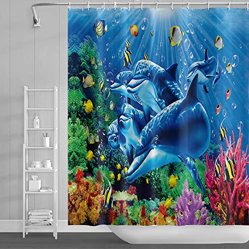 SDOTPMT Rideau de douche tropical coloré avec poissons, algue marine, corail et falaise sous l'eau - paysage marin - rideau de bain bleu océan - polyester...